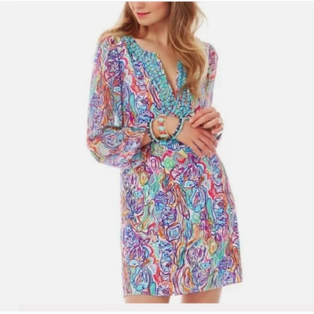 Lilly Pulitzer Saemus Beaded Neckline Silk Tunic Dress 6